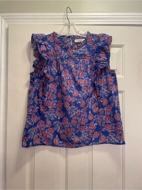 LOFT Blue Floral Ruffle Sleeve Blouse